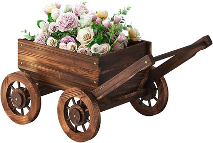 Wooden Flower Cart with Wheels Wooden Wagon Planter Trolley Decoration Succulent Flower Pot, Outdoor Garden Planter Decor Planter for Patio Balcony Indoor Backyard Balcon Decor Cart（Small）