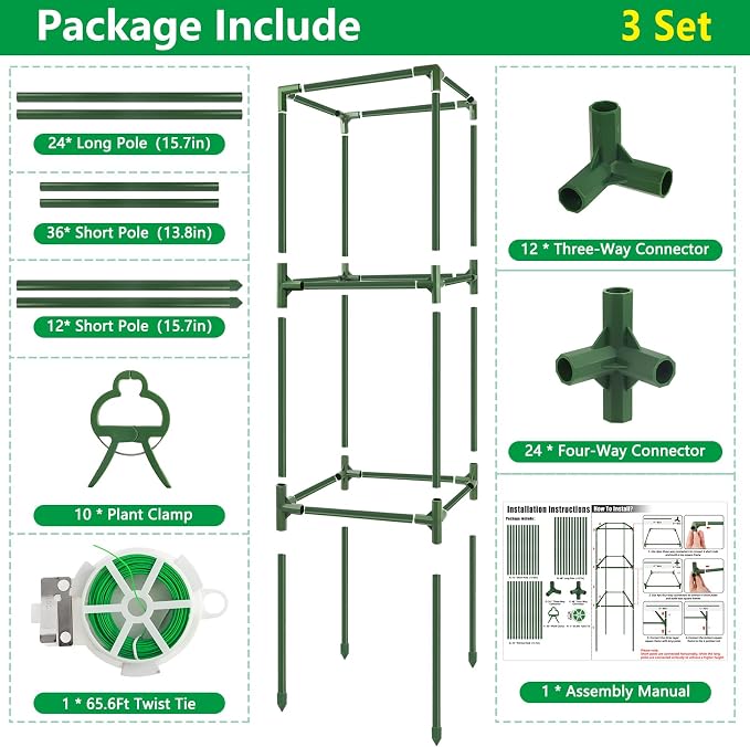 3 Pack Square Tomato Cages, 49'' Tall Heavy Duty Steel Tomato Trellis Kit for Garden, Plant Support Tower Stakes Cucumber Pepper Trellis for Climbing Vegetable Flowers