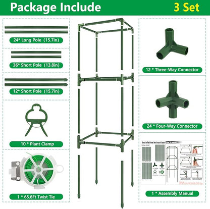 3 Pack Square Tomato Cages, 49'' Tall Heavy Duty Steel Tomato Trellis Kit for Garden, Plant Support Tower Stakes Cucumber Pepper Trellis for Climbing Vegetable Flowers
