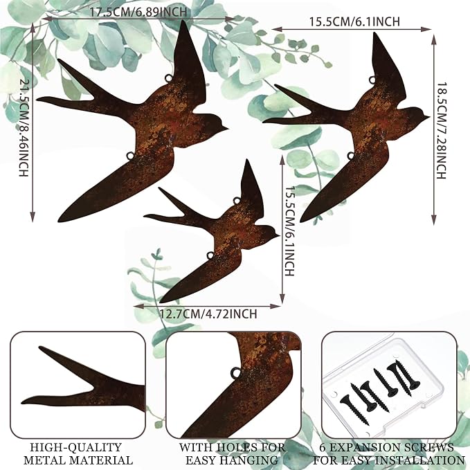 Kathfly 3 Pcs Rusty Metal Birds Outdoor Garden Art Farmhouse Rustic Bird Wall Ornaments Decor Vintage Metal Statue Wall Art for Fence Yard Decoration Outdoor and Garden 8.27", 7.09", 5.91"