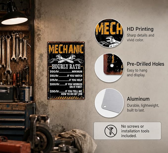 Mechanic Hourly Rate Funny Metal Sign, Vintage Garage Wall Decor, Retro Wrench Mechanic Themed Plaque for Man Cave Workshop Auto Shop Car Enthusiast Decor 8x12 Inch