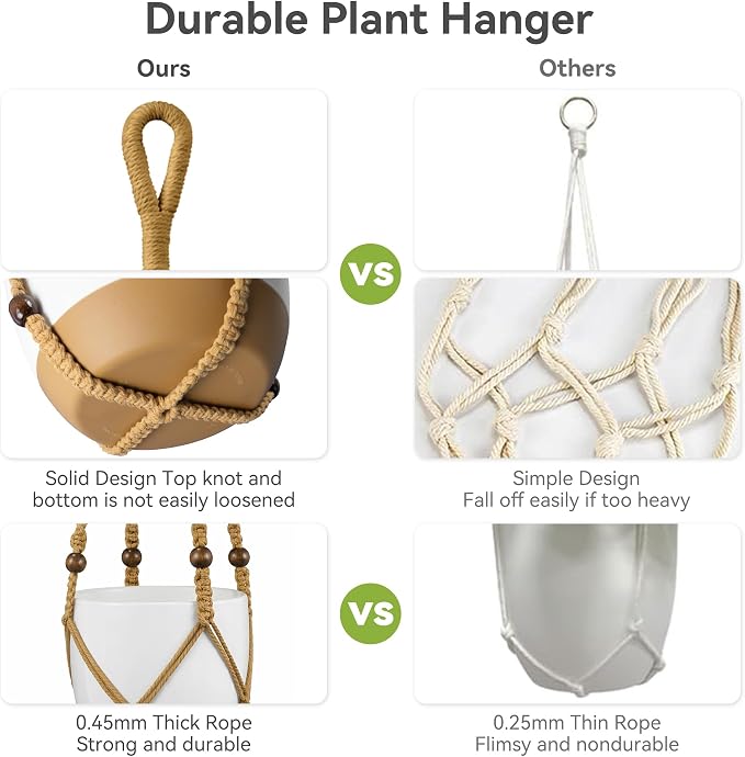 USLAI Macrame Plant Hanger Indoor Outdoor, Fits 4 to 15 Inch Pots, Strong Hanging Planter Holder, Boho Home Decor, 23+29+35 Inch, Brown (POTS NOT Included)
