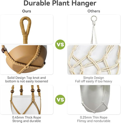 USLAI Macrame Plant Hanger Indoor Outdoor, Fits 4 to 15 Inch Pots, Strong Hanging Planter Holder, Boho Home Decor, 23+29+35 Inch, Brown (POTS NOT Included)