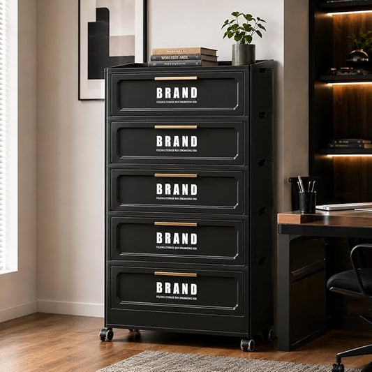 Foldable Storage Cabinet with Doors & Locking Wheels, 5-Tier Large-Capacity Organizer, No-Tool Setup, Impact-Resistant ABS Construction for Dorm, Pantry, Laundry, and Living Spaces