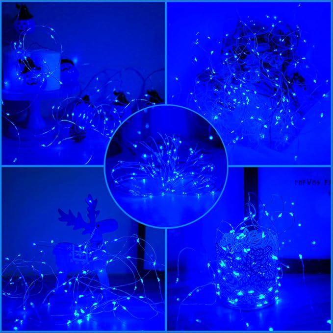 Blue Solar Christmas String Lights Outdoor Waterproof, 2Pack Total 200Led 66Ft 8 Modes Copper Fairy Lights for Halloween Garden, Patio, Fence, Balcony, Outdoors