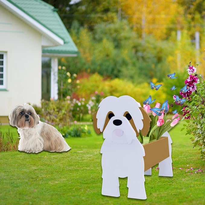 Brown Shih Tzu Dog Planter Pots, 9.45 x 8.98 x 13.5 Inches | Dog Flower Pot, Cute Animal Shaped Plant Pot, Gifts for Women & Pet Lovers, Indoor Outdoor Garden Home Office Decor