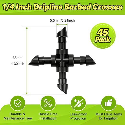 45 Pack 1/4" Drip Irrigation Cross Fittings, 1/4'' Dripline Barbed Cross Tee Connectors for 1/4 Inch Irrigation Tubing 4-way T Parts for Garden Drip Systems