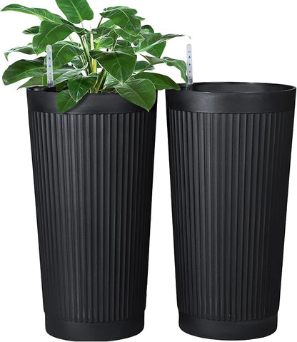 FENCY Self Watering Tall Planters Set of 2, Black Round | 24 Inch, with Water Level Indicator& Spacious Reservoir, Plastic Tapered Pots, Weather-Resistant, Front Door Decor