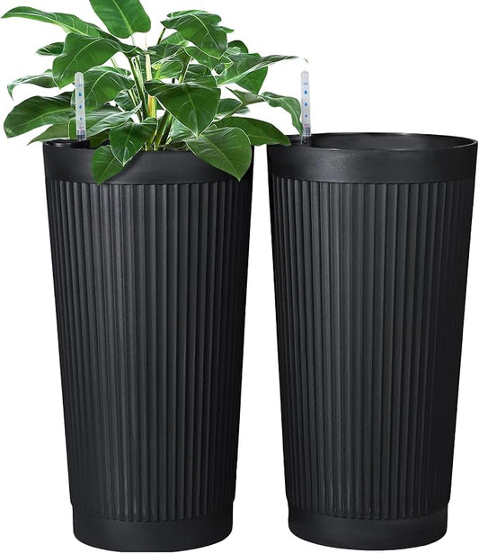 FENCY Self Watering Tall Planters Set of 2, Black Round | 24 Inch, with Water Level Indicator& Spacious Reservoir, Plastic Tapered Pots, Weather-Resistant, Front Door Decor