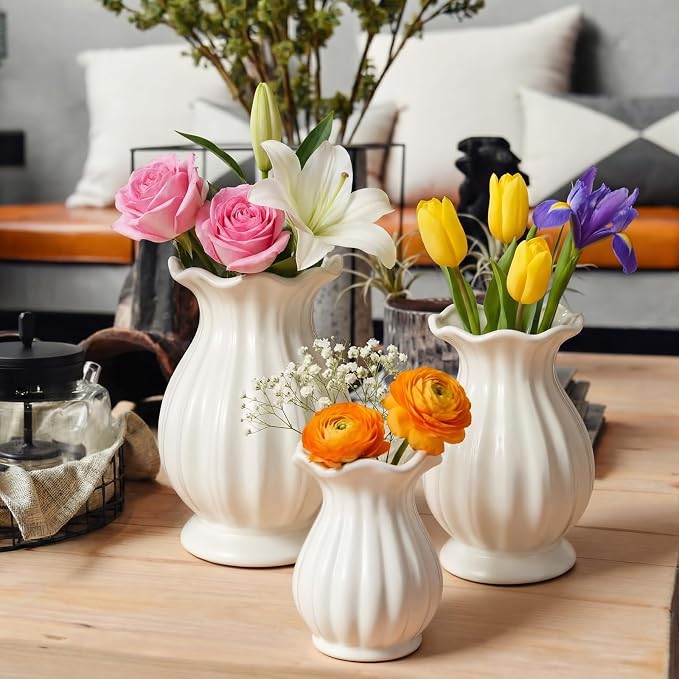 3 Pack White Ceramic Vase Set Small Rustic Decorative Vases Home Decor Wavy Edge Modern Flower Vases for Farmhouse Table Centerpiece Living Room Kitchen Bedroom (5.7,6.7,7.9in,Elegant)