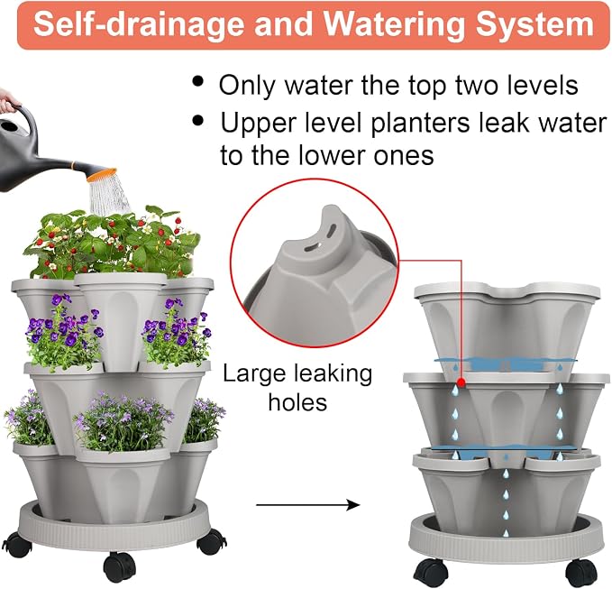 GameXcel Vertical Planter Tower - 3 Tier Stackable Garden Planters with Wheels and Tools Plant Pots for Strawberry Herb Flower and Vegetable Indoor Outdoor Use Gray