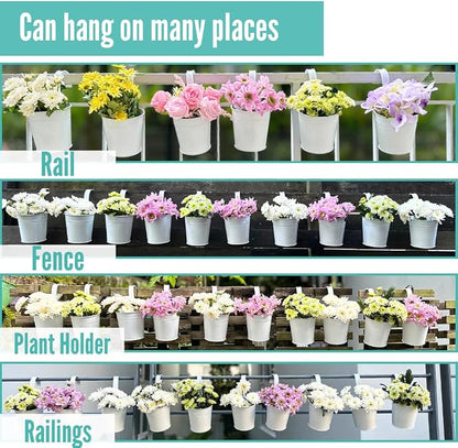 LaLaGreen Round Rail Planter (6 in, 12 Pack) White Metal Iron Flower Pots | Patio rail planters for balcony, apartment, porch, deck, over rail, outdoor plants, flower boxes, plant hangers