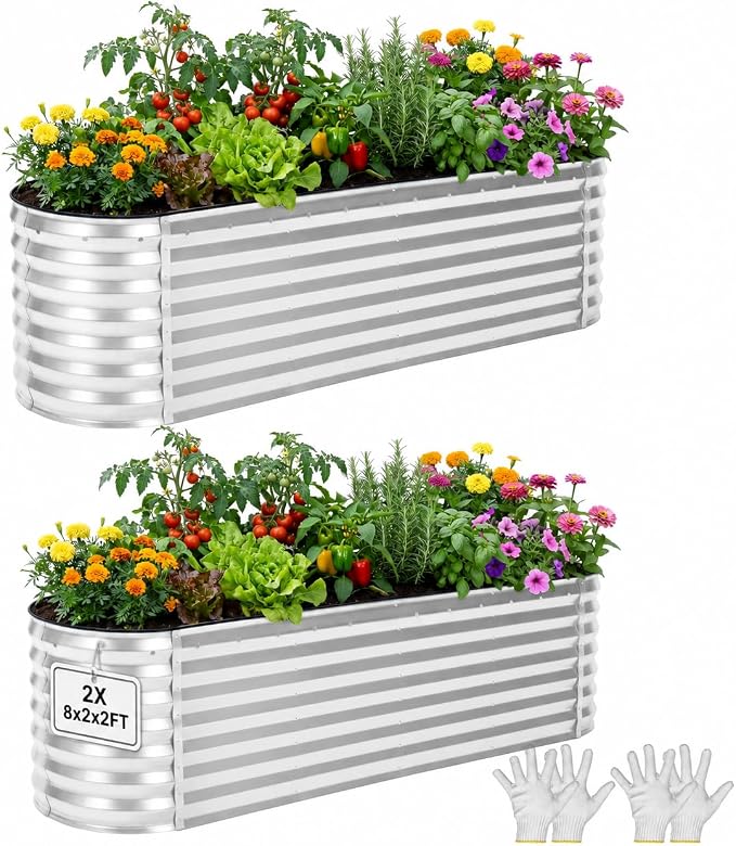 YITAHOME 2pcs 8x2x2ft Galvanized Oval Raised Garden Bed, Metal Planter Box with Safety Rubber, Gloves, Outdoor Flower Bed for Planting Plants Vegetables, Silver