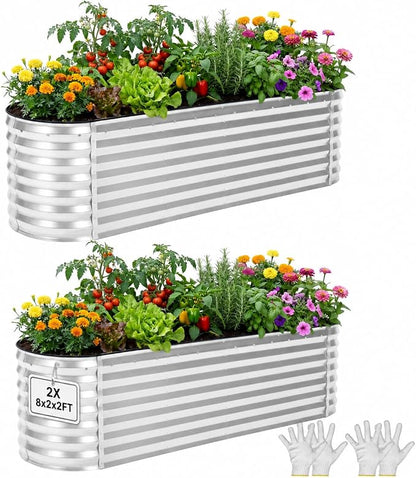 YITAHOME 2pcs 8x2x2ft Galvanized Oval Raised Garden Bed, Metal Planter Box with Safety Rubber, Gloves, Outdoor Flower Bed for Planting Plants Vegetables, Silver