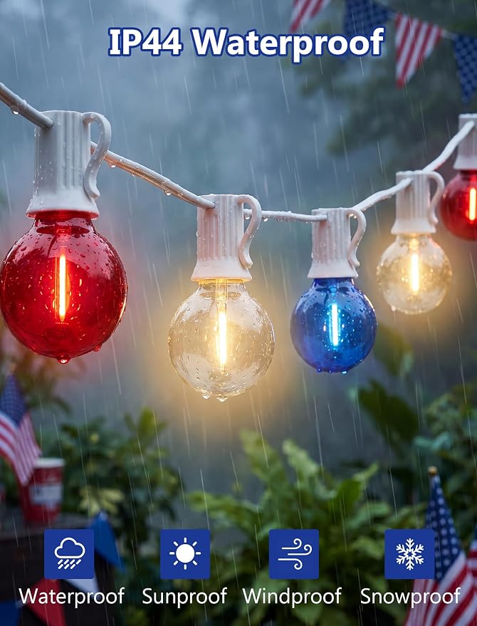 4th of July G40 LED Red White and Blue Lights, 25ft Outdoor String lights | Hanging Patio Lights with 27 Shatterproof Round Bulbs, Plug in, Connectable, Independence Day Decoration Patriotic Party