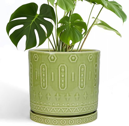 Eightpot Ceramic Pot for Plants - 10 Inch Indoor Plant Pots with Drainage Holes and Saucer, Boho Round Planter Outdoor, Decorative Large Planter for Flower, Living Room Decor, Garden Gifts, Green