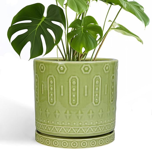 Eightpot Ceramic Pot for Plants - 10 Inch Indoor Plant Pots with Drainage Holes and Saucer, Boho Round Planter Outdoor, Decorative Large Planter for Flower, Living Room Decor, Garden Gifts, Green