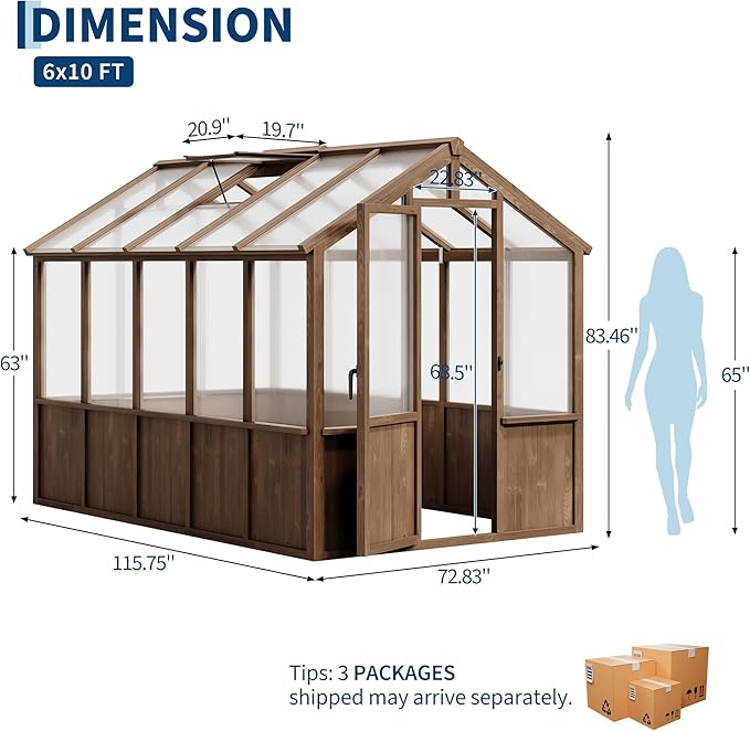 Garvee 6x10 FT Wooden Greenhouse - Walk-in Greenhouses for Outdoors, Large Spruce Frame Green House with PC Panels, Adjustable Roof Vents & Lockable Door, Green Houses for Garden,Backyard,Patio,Lawn