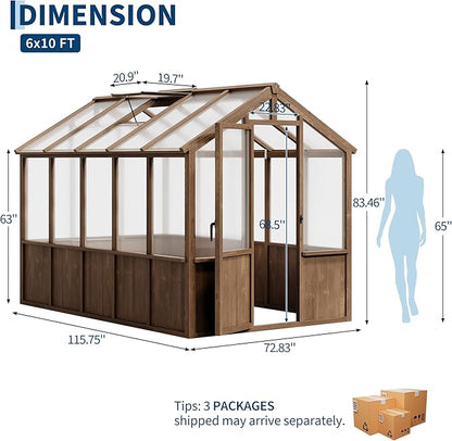 Garvee 6x10 FT Wooden Greenhouse - Walk-in Greenhouses for Outdoors, Large Spruce Frame Green House with PC Panels, Adjustable Roof Vents & Lockable Door, Green Houses for Garden,Backyard,Patio,Lawn