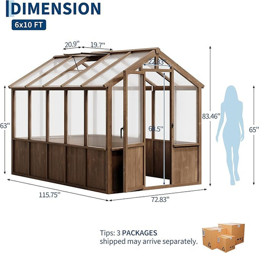 Garvee 6x10 FT Wooden Greenhouse - Walk-in Greenhouses for Outdoors, Large Spruce Frame Green House with PC Panels, Adjustable Roof Vents & Lockable Door, Green Houses for Garden,Backyard,Patio,Lawn
