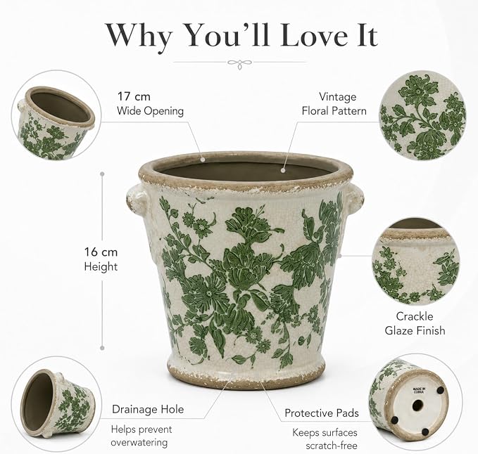 Dosayes Vintage Ceramic Flower Pot with Drainage Holes and Handle,Ice Crack Country Rustic Planters for Indoor Outdoor,Tuscan Decor,Home and Garden Decor,Gardening Present (Green)