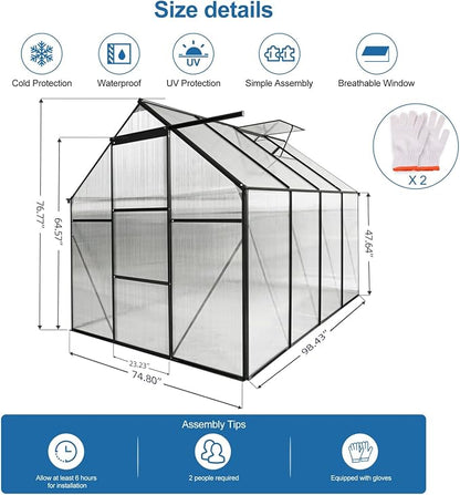 6x8 FT Greenhouse, Walk-in Polycarbonate Greenhouses with Sliding Doors, Aluminum Frame, Adjustable Roof Vent, Raised Base & Anchor, Outdoor Backyard Greenhouse for All Seasons, Black
