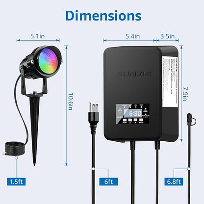 SUNVIE 12 Pack RGBW Color Changing Landscape Lights with 300W Low Voltage Landscape Transformer 12-24V LED Landscape Lighting Kit Waterproof Multicolor Spotlights for Christmas House Yard Tree Garden