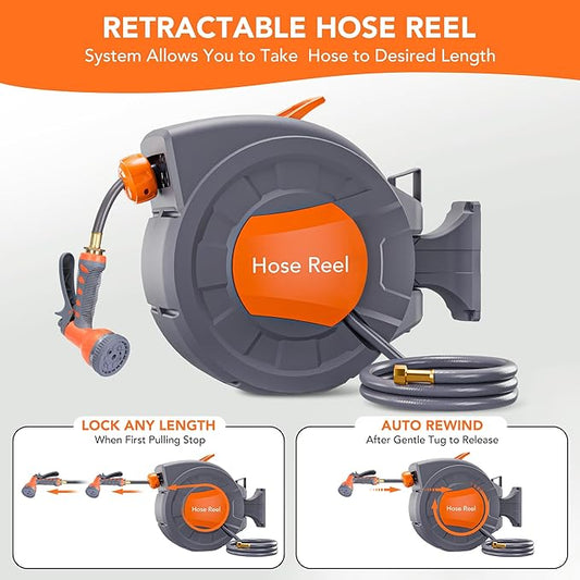 GAOMON Retractable Garden Hose Reel - 1/2 in x 100 ft, Wall Mounted, 9-Function Sprayer, Any Length Lock, 180° Swivel, Automatic Rewind & Slow Return System