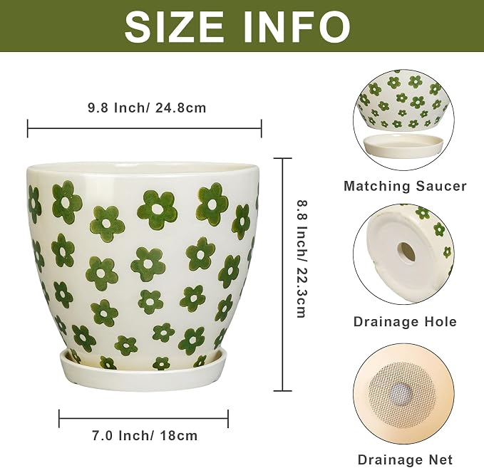 MPotTo Ceramic Flower Pot, 10 Inch, White | Drainage Hole and Saucer, Boho Round Design, Indoor Use, Plant Lover Gift