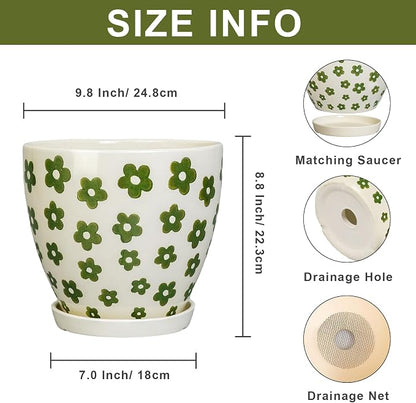 MPotTo Ceramic Flower Pot, 10 Inch, White | Drainage Hole and Saucer, Boho Round Design, Indoor Use, Plant Lover Gift