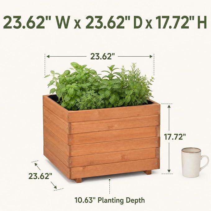 23.62" Square Wooden Planter Box, Planters for Outdoor Plants | Fir Wood Outdoor Garden Bed with 2 Drainage Holes Reinforced Bottom Support