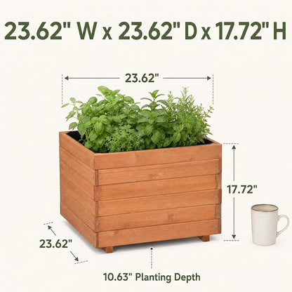 23.62" Square Wooden Planter Box, Planters for Outdoor Plants | Fir Wood Outdoor Garden Bed with 2 Drainage Holes Reinforced Bottom Support