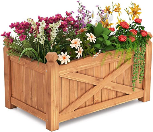 HAPPYGRILL Wooden Raised Garden Bed, Solid Wood Gardening Plant Container w/Drainage Holes for Flower Vegetable Fruit, Outdoor Elevated Planter Box for Patio Garden Yard Balcony (25”x 16”x 15”)