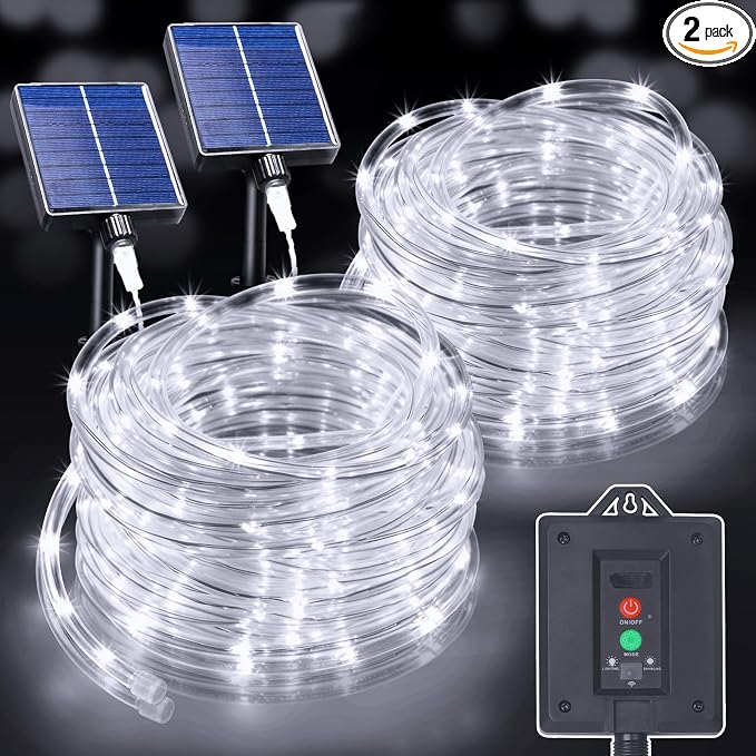 KNONEW Solar Rope Lights Outdoor 2 Packs Total 600LED 100FT Solar String Light Outside Waterproof with 8 Modes Clear Thin Tube for Pool Patio Garden Fence Camping Yard Deck Trampoline（Cool White）
