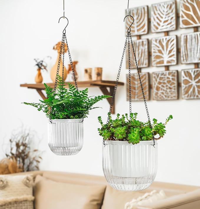 Melphoe 2 Pack Self Watering Hanging Planters Indoor Flower Pots, 5.3/8.3 Inch Outdoor Hanging Basket, Plant Hanger with 3Hooks Drainage Holes for Garden Home (White)