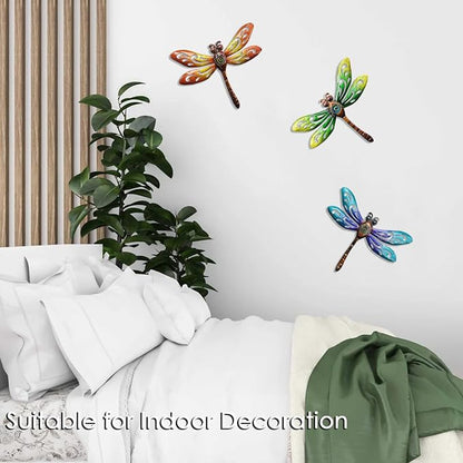 Metal Dragonfly Wall Art, Metal Indoor Outdoor Fence Wall Decor | BVLFOOK Wall Art for Living Room Bedroom, 9 Inch 3 Pack, Hand-made Vibrant Ornament Sculpture for Patio Balcony