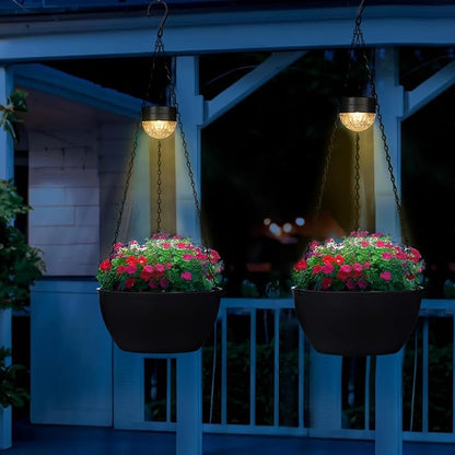 SUNNYPARK 2 Pack Solar Hanging Planters for Plants Outdoor | Self Watering, Black Flower Pots with Solar Light, Hanging Garden Planters with Drainer for Balcony Patio Outdoor Decor