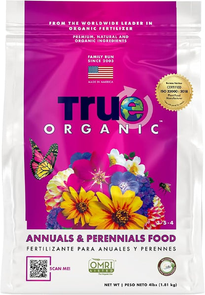True Organic Annuals & Perennials Food – Organic Fertilizer for Stunning Blooms and Robust Foliage – 4lb Bag Covers 70 Sq. Ft. | (Pack of 6)