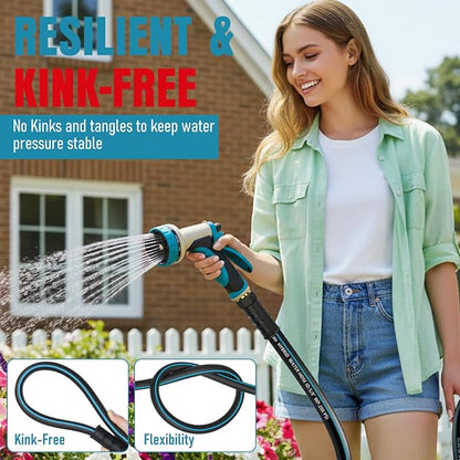 Garden Hose 35 ft x 5/8" with Nozzle, Water Hose Heavy Duty Flexible, Lightweight Kink-less Hybrid Hose with Swivel Handle, Male to Female Fittings