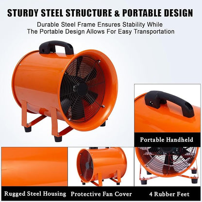 Garvee 12 in Utility Blower Exhaust Fan with 16.4 ft Duct, 3500 CFM Heavy Duty Industrial Blower Ventilation Fan, High Velocity Low Noise Extraction for Ventilating Workshops, Confined Space