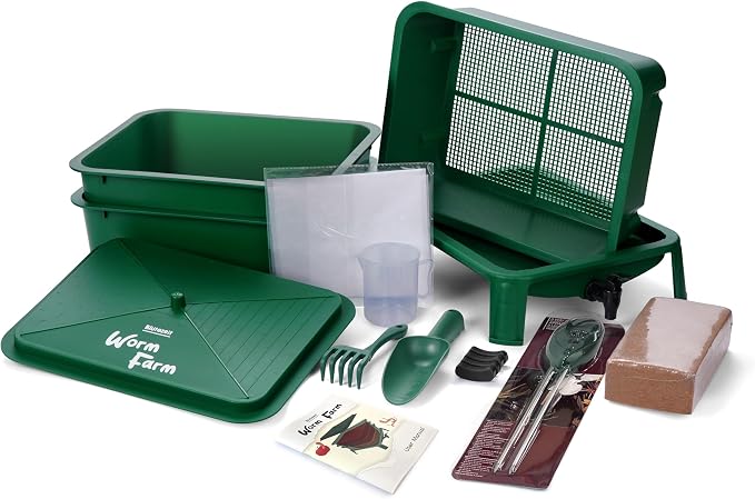 Blütezeit 3-Tray Worm Composter, 32QT Worm Farm with Compost Worms Starter Kit for Indoor & Outdoor, Worm Composting Bin for Recycling Food Waste (Green)