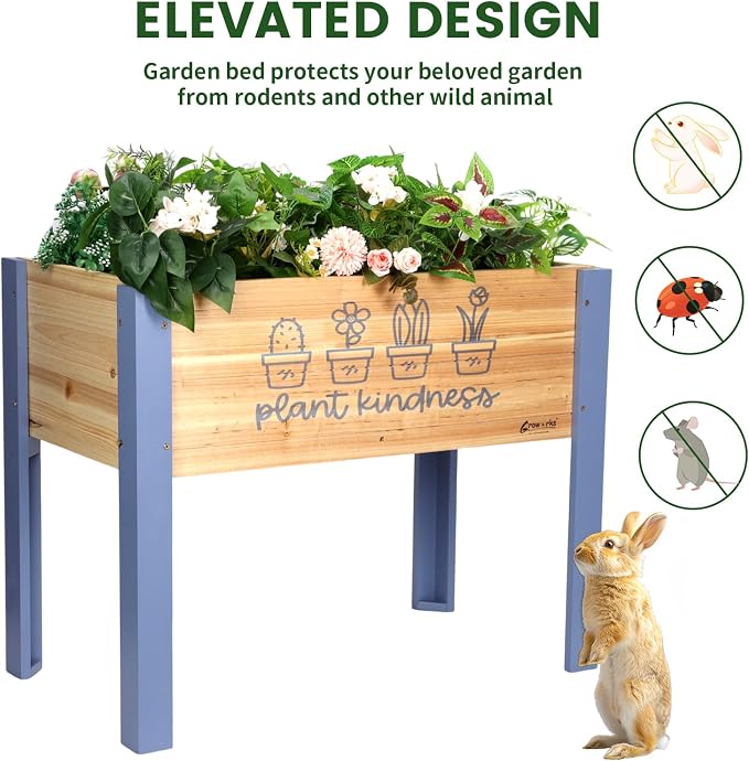 Raised Garden Bed for Kids - 30”L*16”W*24”H Elevated Wooden Planter Box Stand, Backyard, Patio, Balcony w/Bed Liner, 170lb Capacity (Blue)