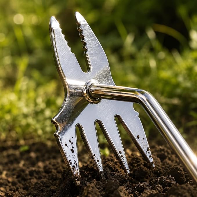 2-in-1 Stainless Steel Hand Weeder, Ergonomic Gardening Tool for Creeping Weeds & Narrow Spaces, Rust-Proof with Four-Tooth Cultivator & Forked Tip (Green)