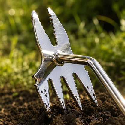 2-in-1 Stainless Steel Hand Weeder, Ergonomic Gardening Tool for Creeping Weeds & Narrow Spaces, Rust-Proof with Four-Tooth Cultivator & Forked Tip (Green)