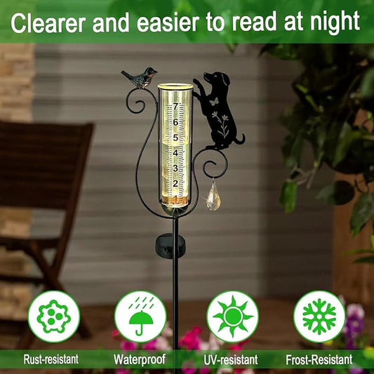 Solar Dog Bird Garden Stake, Outdoor Rain Gauge for Yard Lawn Pathway Decor