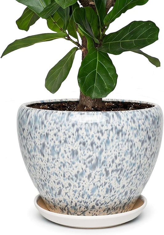 11 Inch Ceramic Plant Pot with Drainage Hole Mesh Net, Large Gardening Pots for Indoor Plants with Saucer, Spotted Blue