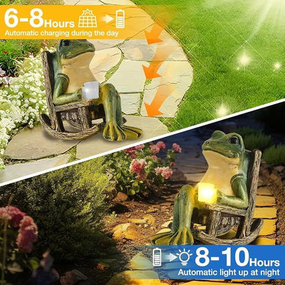 Banax Solar LED Frog Garden Outdoor Decor, Waterproof LED Garden Solar Ornaments Outdoor, Rocking Chair Frog Statue Decoration, Funny Outdoor Lights for Patio