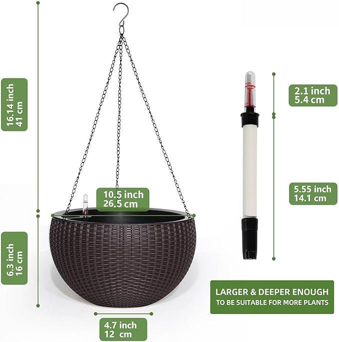 Dexceder 10.5 Inch Self Watering Hanging Planter (Brown) | Thickened Large Hanging Basket Flower Plant Pot with Water Level Indicator Indoor Outdoor