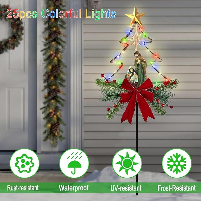 Solar Powered Nativity Scene Christmas Tree Stake Outdoor Christmas Decorations with Fairy Lights Garden Decor for Outside
