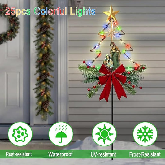 Solar Powered Nativity Scene Christmas Tree Stake Outdoor Christmas Decorations with Fairy Lights Garden Decor for Outside